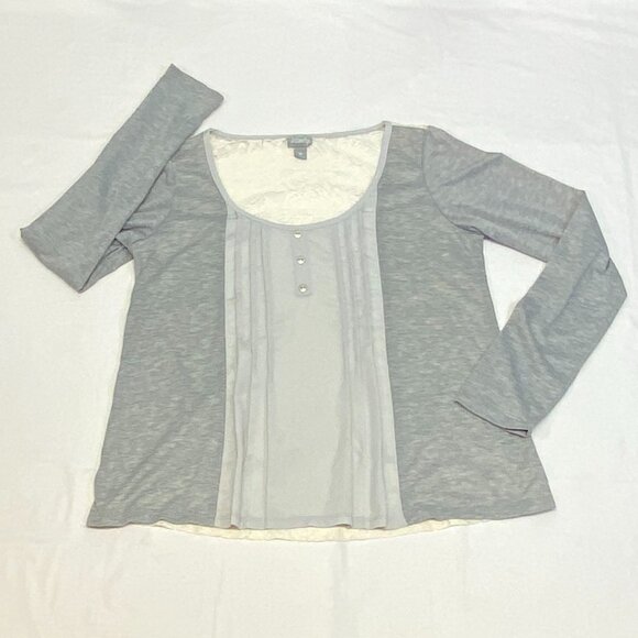 Vanity Scoop Neck Pleat Front Panel Lace Back Long Sleeve Knit Top Grey Ivory M - Picture 7 of 12